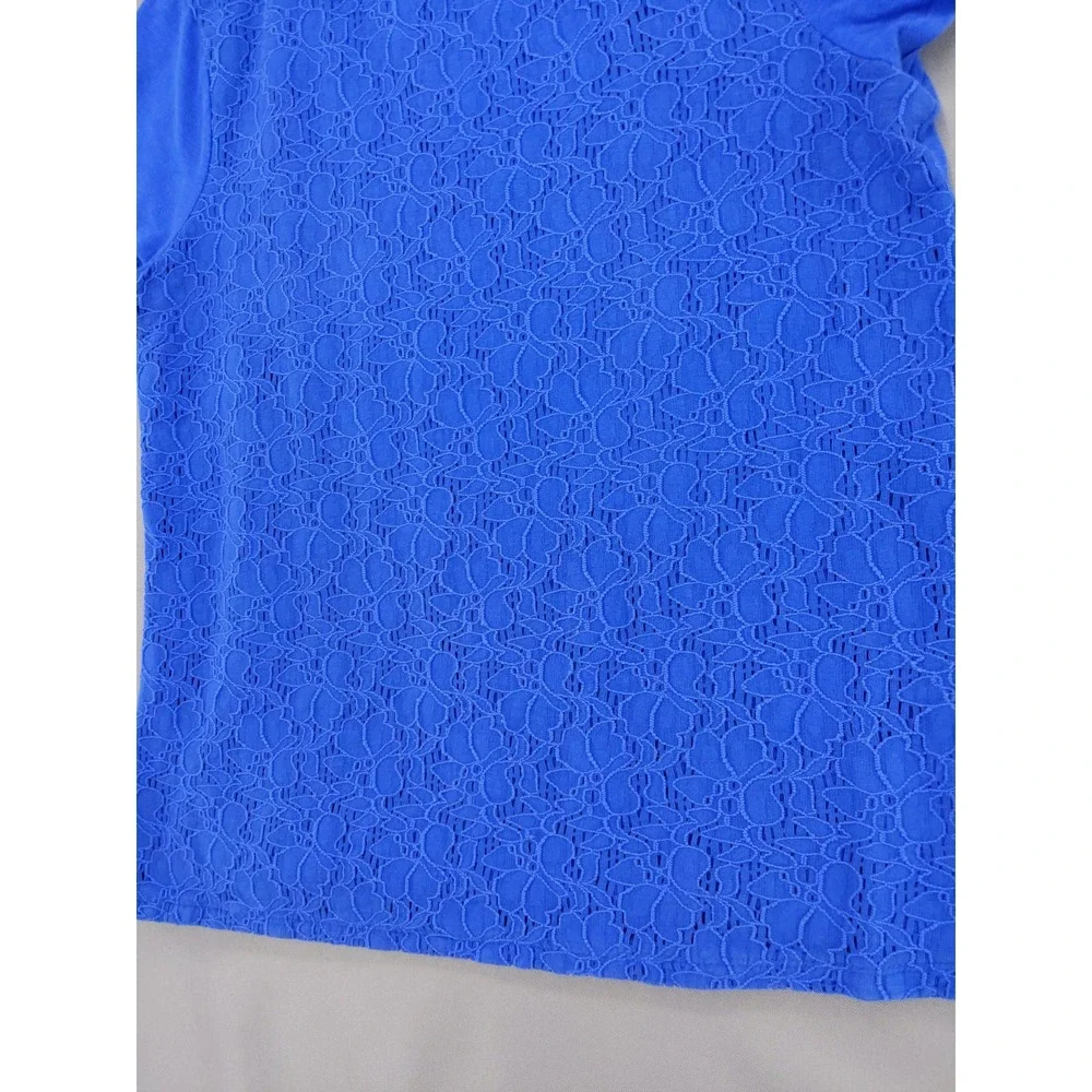 Talbots Lace Front Top Women Large Blue Short Sleeve Floral Overlay Crew Neck